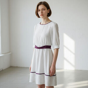 Vintage 70s White Brown Stripe 3/4 Sleeve Cottagecore Prairie Peasant Dress M/L